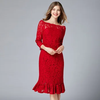 

Spring Autumn 2020 Women New Style Elegant Red Lace Dress Slim One Word Collar Knee Length Hollow Out Fishtail Dress Plus Size