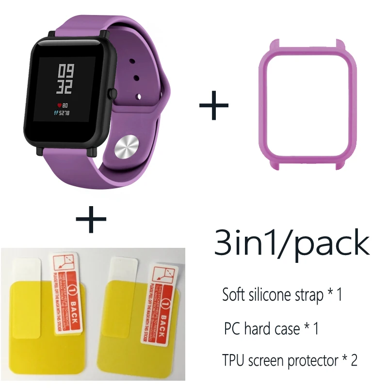 Мягкий силиконовый ремешок на запястье с полным защитным чехлом для Xiaomi Huami Amazfit Bip BIT 20 мм ремешок для часов Крышка для часов из смолы - Цвет: purple-purple case