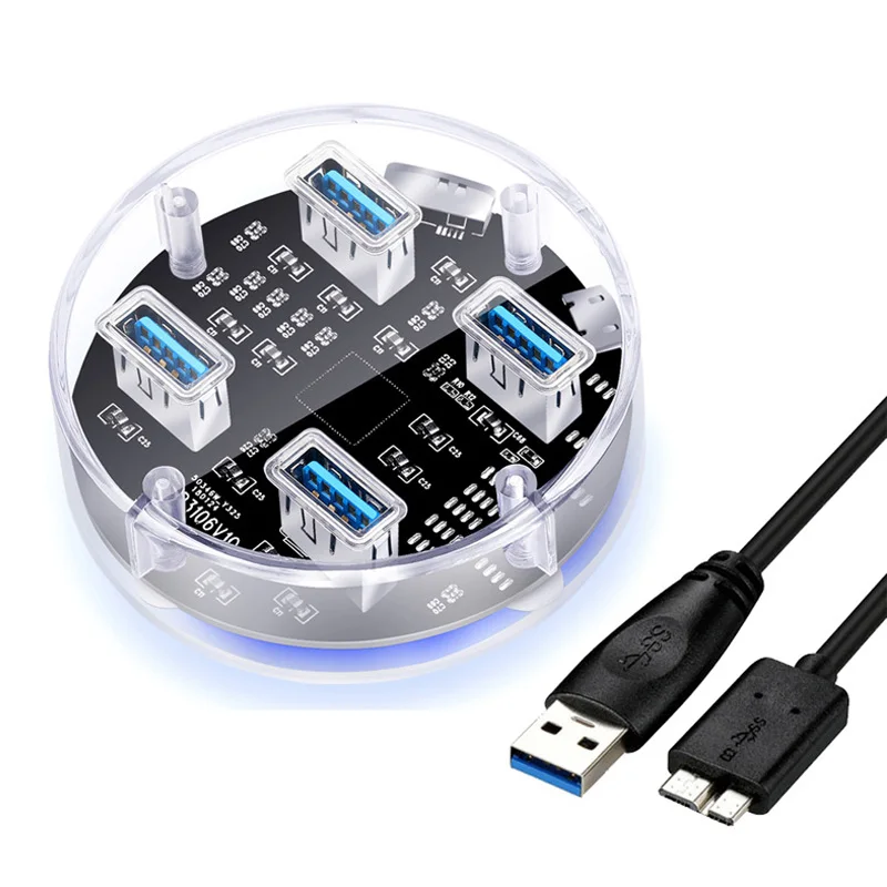 USB 3,0 прозрачный Настольный концентратор, 4 порта USB3.0 интерфейс, скорость 5 Гбит/с, с двухпортовым питанием, для ноутбука