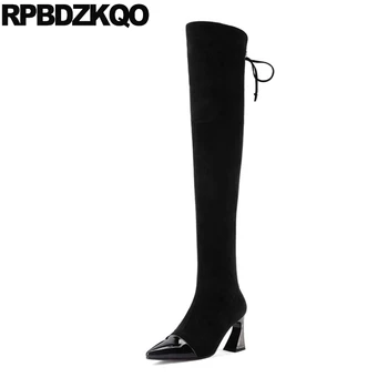 

pointed toe over the knee luxury high heel metal boots tall slim sexy stretch black patent leather zipper shoes chunky women