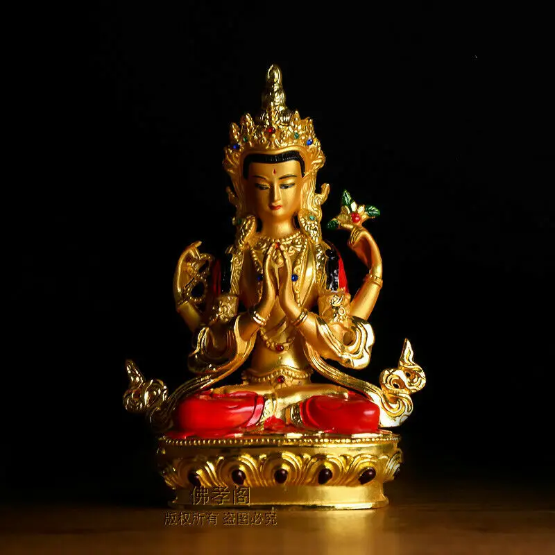 

5,6 "Тибет, буддизм Kirsite Color Gild Four Arms Kwan-yin статуя Гуаньинь