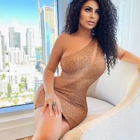 Sexy Sequined Mesh Patchwork Sheer Mini Dress WoOne Shoulder Skinny Bodycon See Through Night Clubwear Dress