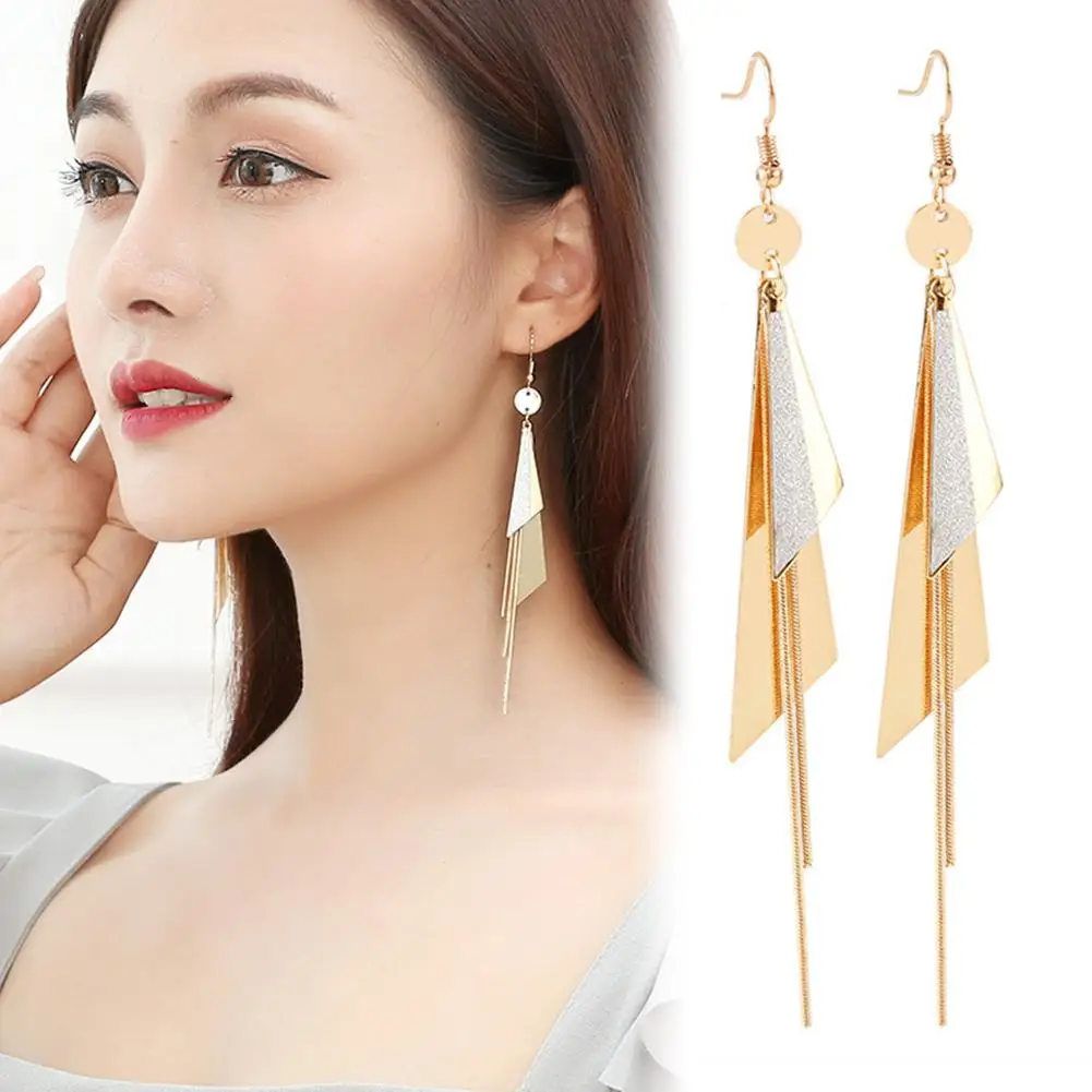 

HOT SALES!!! Korean Fashion Women Triangle Geometric Eardrop Long Tassel Hook Earrings Hypoallergenic Party Jewelry Gifts Friend