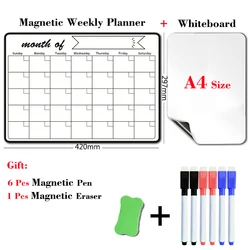 Tableau blanc magnétique avec calendrier, planificateur de classe, planificateur de mois, calendrier à sec, tableau blanc, Menu de cuisine, réfrigérateur, autocollants, 2 pièces 