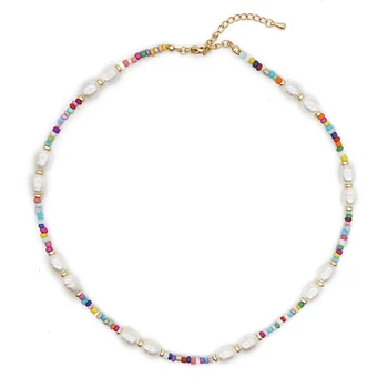 

Baroque Natural Pearl Necklace Women's Ethnic Style Colored Rice Beads Jewelry European and American Retro Gifts for Girl