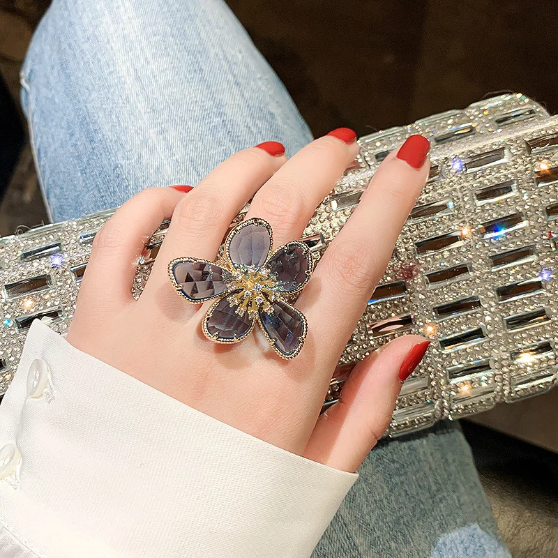 Fashion Big Crystal Flower Rings Individuality Floral