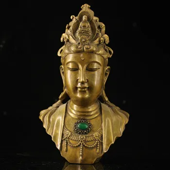 

wedding decoration Tibetan Buddhism collection old pure copper hand-made bust of copper inlaid gemstone Guanyin