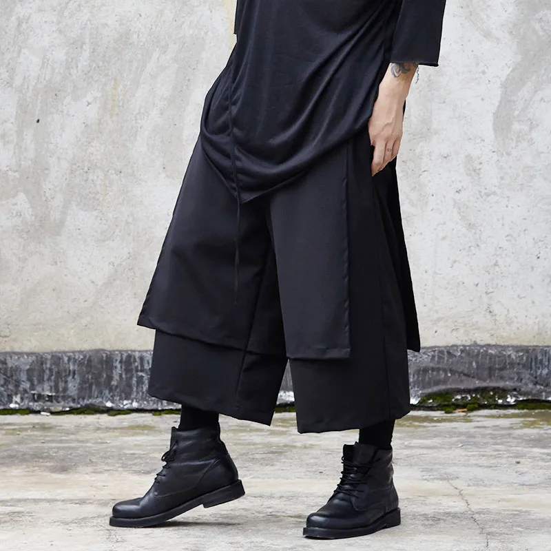 

Men Spliced Elastic Waist Loose Casual Straight Wide Leg Pants Male Streetwear Hip Hop Punk Gothic Harem Pant Skirt Trousers