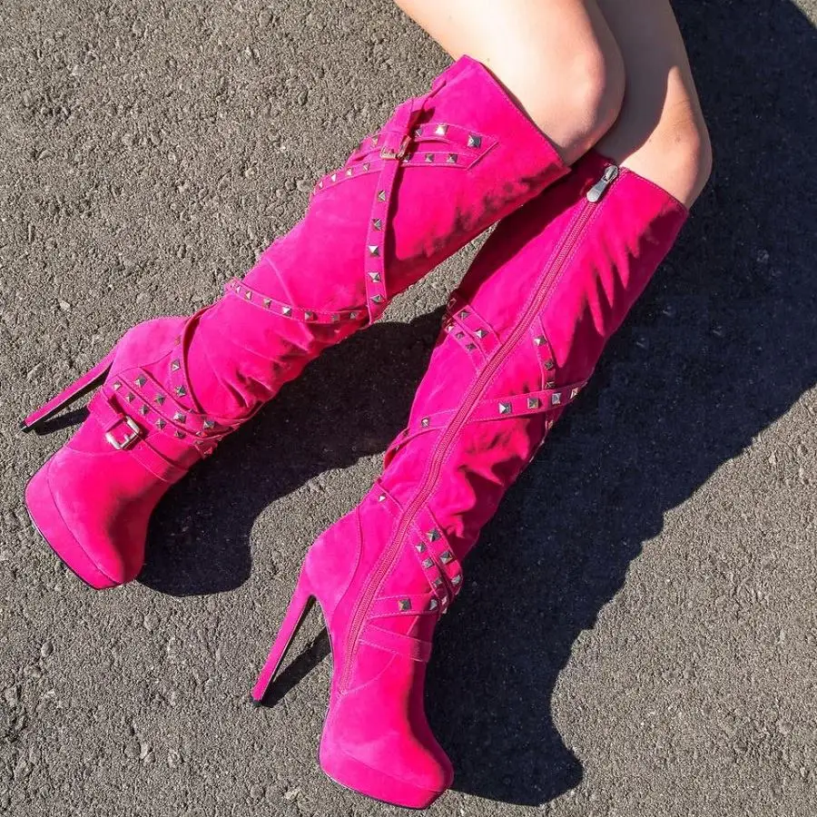EF7950 Fushia Original Intention Winter Stylish Fushia Rivets Buckles Knee High Boots Woman High Platform High Heels Long Boots Sexy Shoes - Цвет: EF7950 Fushia