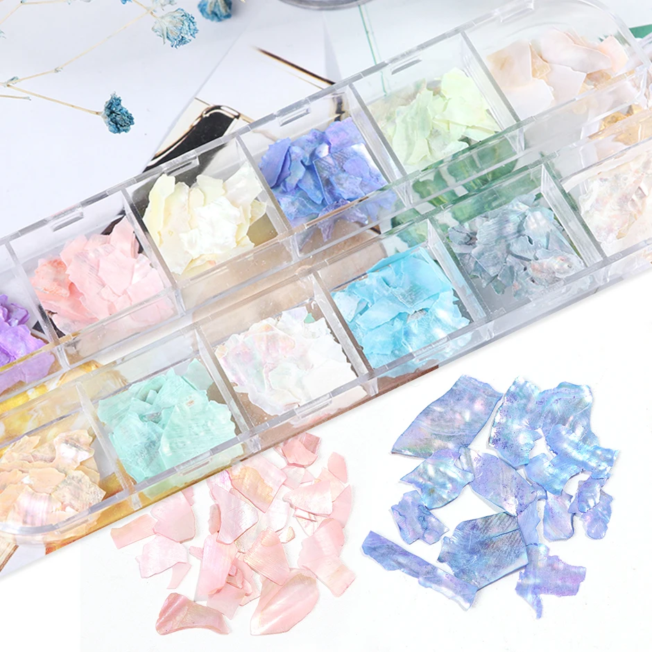 Grid Glitter Abalone Shell Flakes for Nail Art Decoration 3D Charms Spring Summer Slices DIY Paillette Accessories 6/12