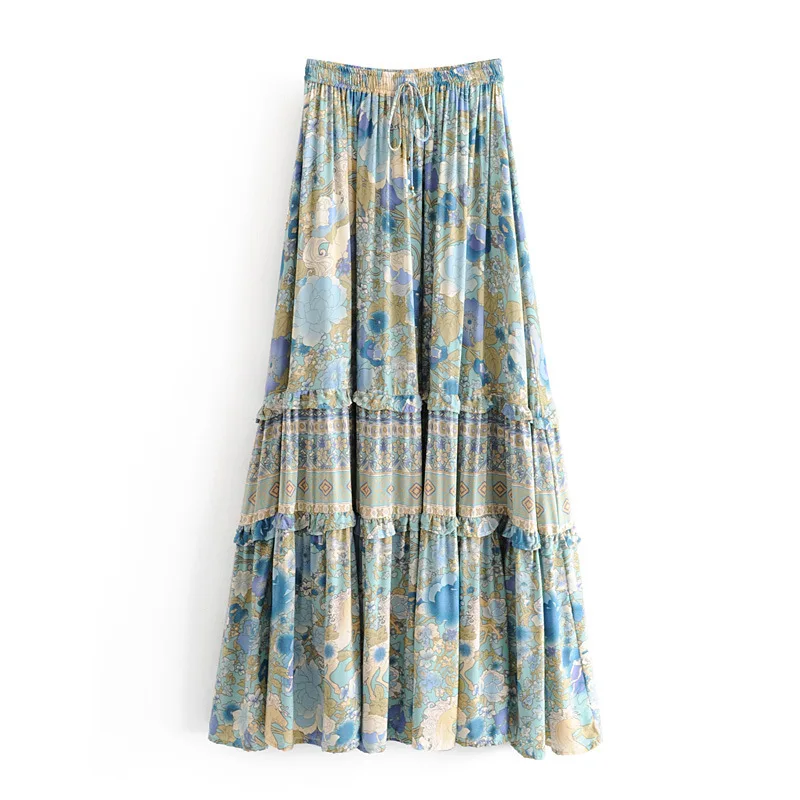 

2019 Western Style Spring And Summer Women's Dress New Style Green Frilled Long Skirt
