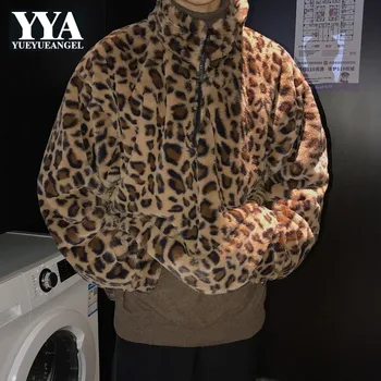 

Fashion Leopard Stand Collar Short Coat Men Autumn Loose Long Sleeve Warm Jacket Casual Pullover Sweatshirt Male S-XL