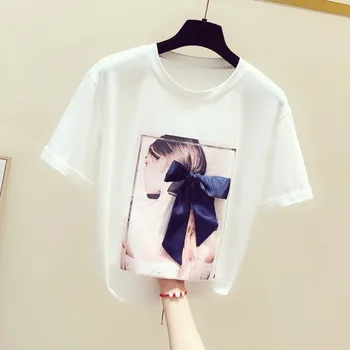 

Women Tshirt 2020 Summer Wear New Printing Bow Decoration Short Sleeve Round Collar T-shirt Girls Lades Casual T Shirts Tees