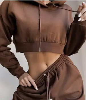 

Hot selling Women 2 piece outfits pants sweat suits for ladies crop top hoodie and jogger sets