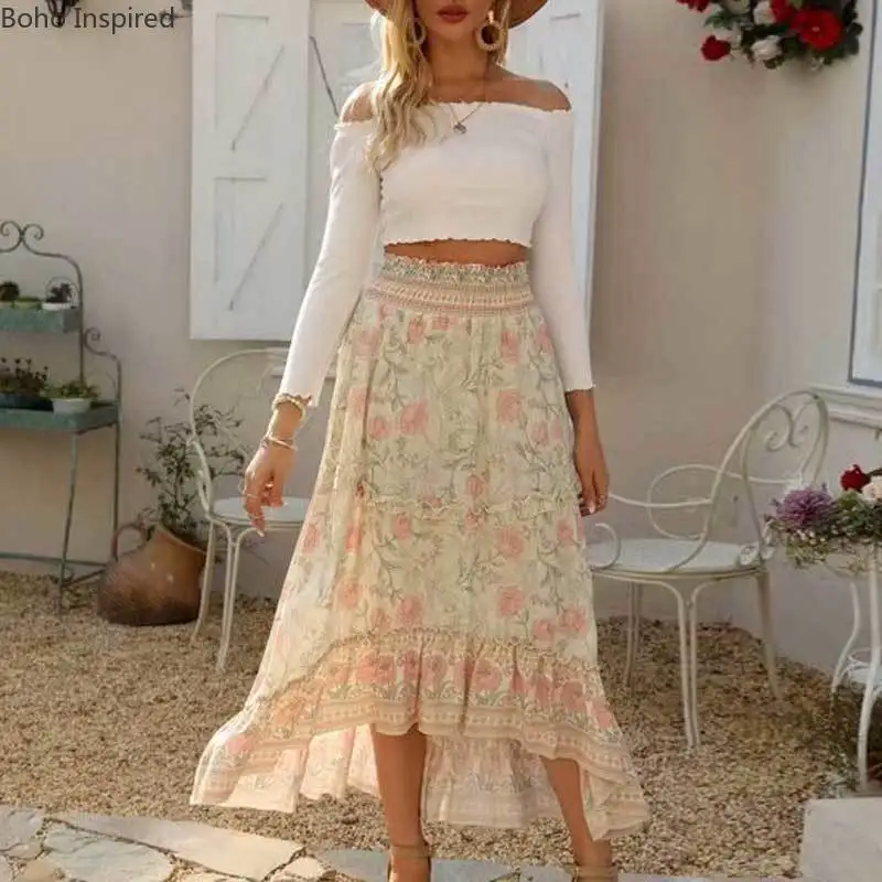 Boho Inspired Rosy Maxi Skirt Floral Cotton Highlow Hem Skirts Womens
