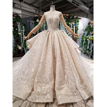 شراءBGW HT41619 فساتين زفاف فاخرة الدانتيل قطار طويل س الرقبة الوهم طويل الأكمام ثوب زفاف مفتوح الظهر Vestido De Noiva حجم كبير
