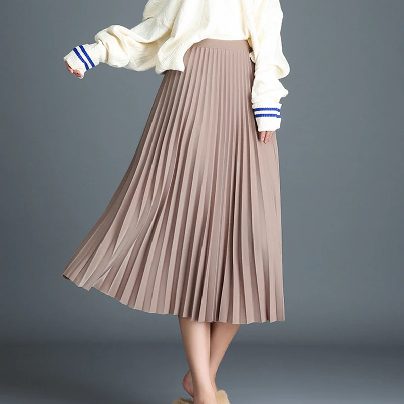 Весенняя женская плиссированная сетчатая юбка, повседневная Корейская эластичная юбка до середины икры с высокой талией, винтажная элегантная Офисная Женская юбка трапециевидной формы