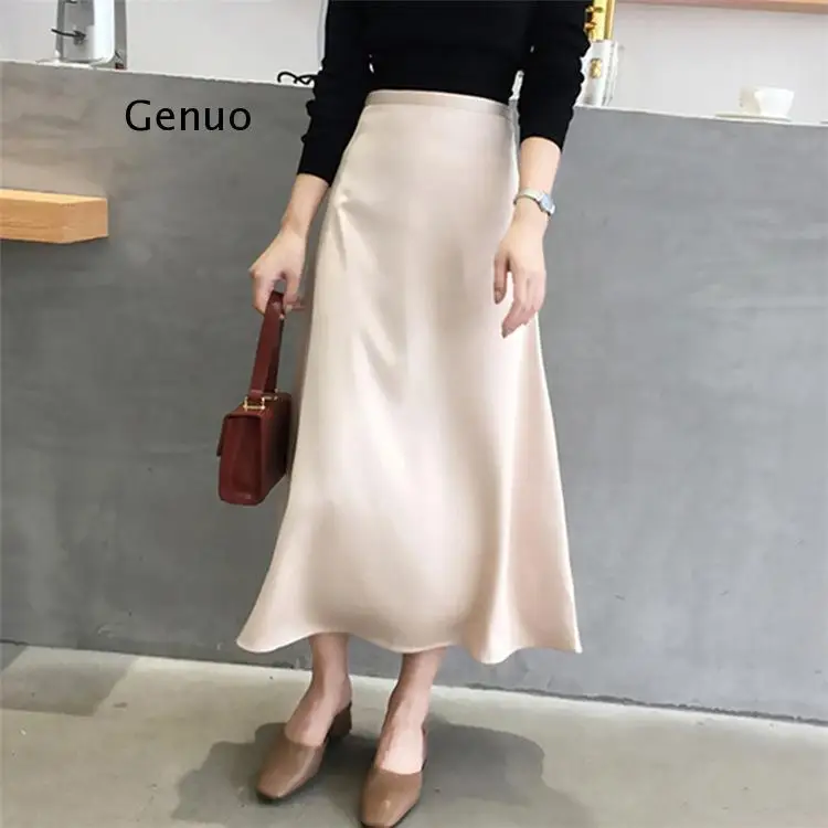 

Women Elegant OL Skirt Ladies Glossy Satin Skirt Plain Shiny Fashion Party Office Skirts Solid High Waist Skirts