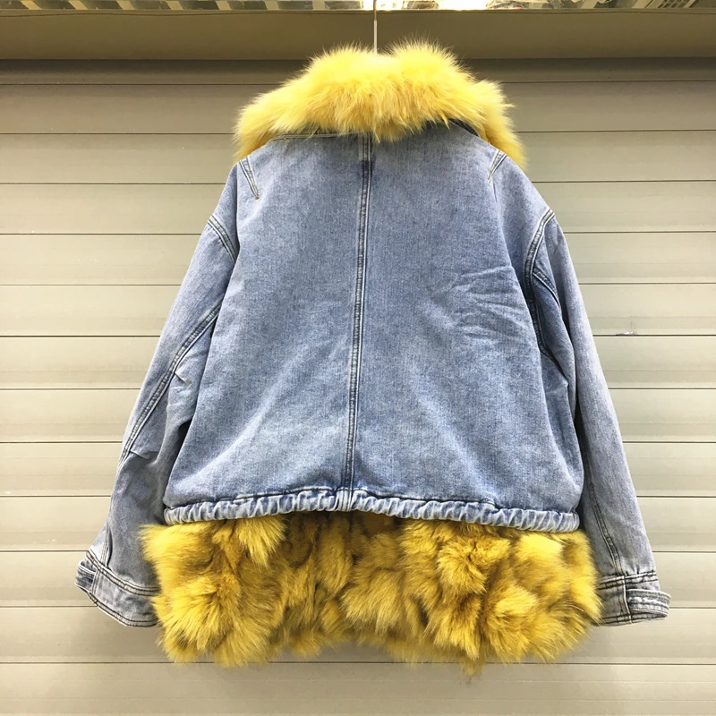 low cost  Natural Fox Fur Collar + Detachable Rabbit Fur Liner Denim Coat Winter Women Thickened Warm Coat Ja