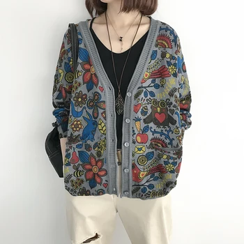

Spring and Autumn New Retro Funny Printed Knitted Cardigan Women's Loose V-neck Outside with Long Sleeve Top Thin Sweater Coat