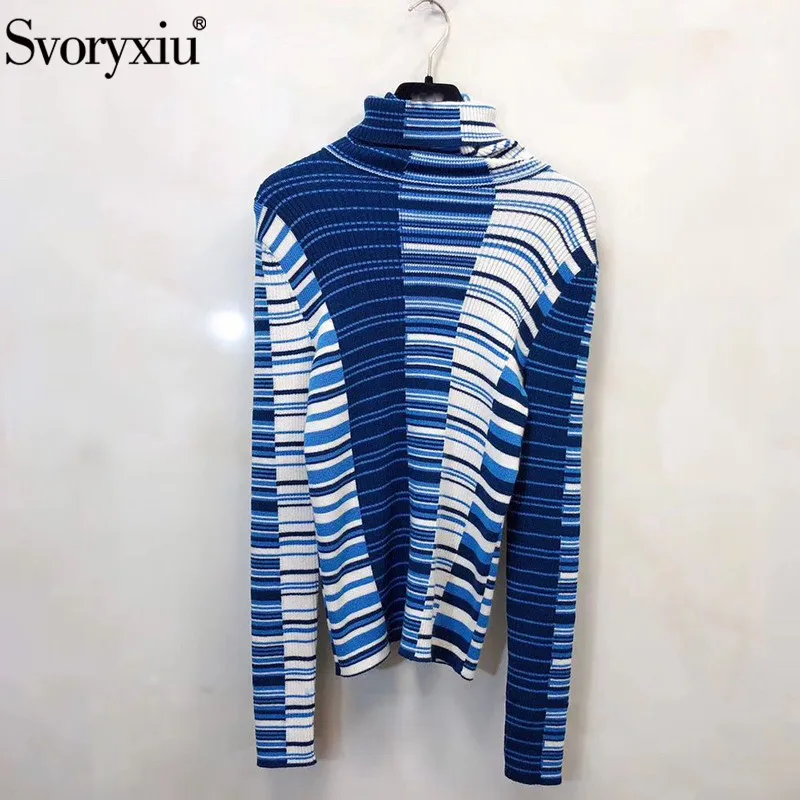 

Svoryxiu Designer High End Wool Turtleneck Sweater Pullovers Women's Long Sleeve Blue White Striped Winter Knitting Jumper