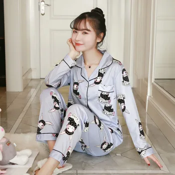 

2020 Spring Long Sleeve Pajama Set for Women Cotton Cartoon Print Sleepwear Pyjama Loungewear Homewear Pijama Mujer Home Clothes