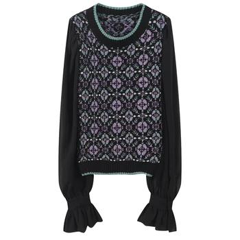 

2020 Flare Sleeve Sweater Women Spring Floral Stitching Tops Female Contrast Color Knit Pullovers Slim Streetwear Lady Jumper