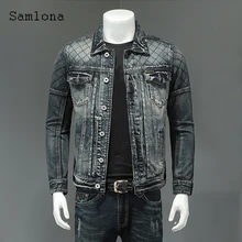 

Samlona 2022 Spring New Mens Denim Jackets European Style Fashion Moto & Bike Jean Denim Jacket Lepal Collar Stand Pocket Coats