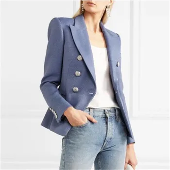 

HIGH STREET New Fashion 2019 Stylish Blazer Jacket Women's Silver Lion Buttons Double Breasted Blazer Outer Wear