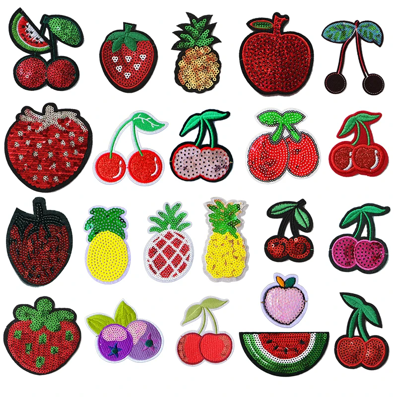 

Cute Sequin Cherry Watermelon Strawberry Pineapple Apple Fruit Embroidery Patch Baby Children's Clothes Ironing Decal Badge