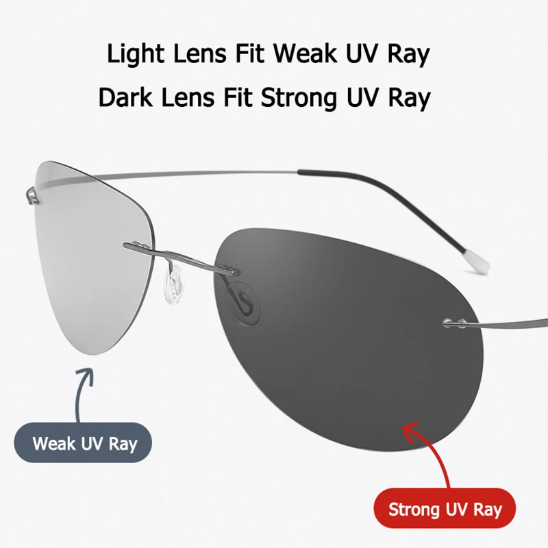 Men Ultralight Titanium Polarized Discolor Lens Sunglasses Rimless Aviation Style Brand Design Sun Glasses Oculos De Sol | Аксессуары