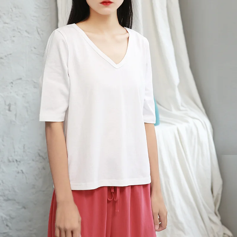 

2019 Spring Summer Women Cotton T-shirt Black V-Neck Short Sleeve Female Tee Slim White T-Shirt Casual Solid Lady Tshirt Tops