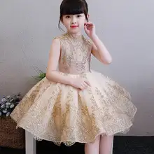 Блестящие платья для девочек с вышивкой; вечерние платья без рукавов с золотым воротником; одежда для малышей на свадьбу; От 1 до 10 лет; DJ001