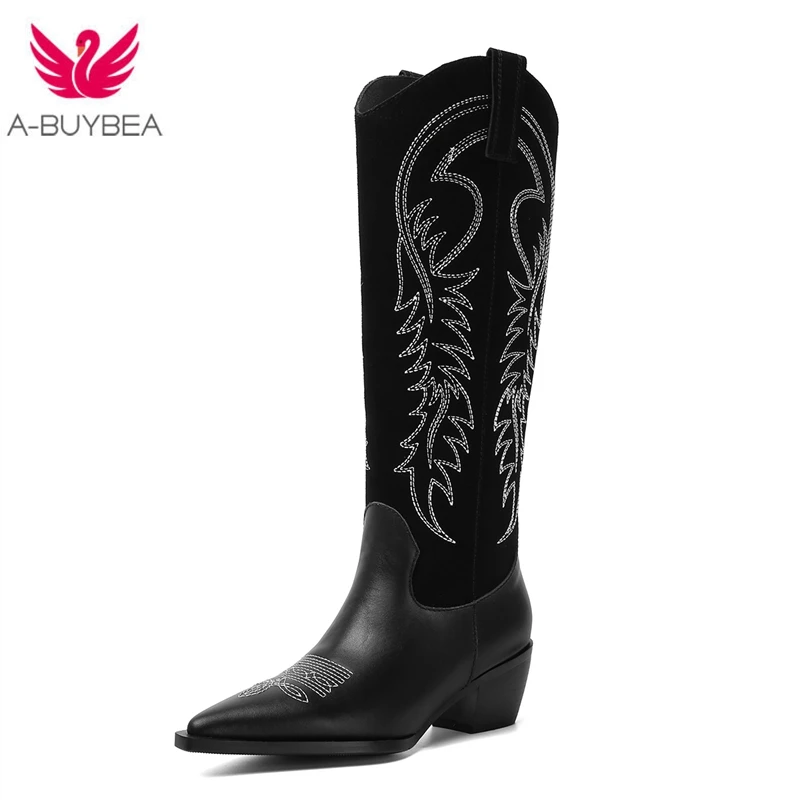 Botas occidentales para mujer, de punta puntiaguda, botas de tacón cuadrado hasta la rodilla, zapatos Retro, novedad de 2019 - AliExpress