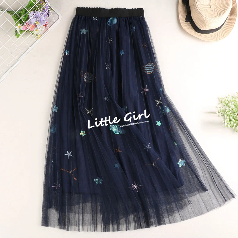 Universe Star Embroidery Women Tulle Skirt Spring Summer Mesh Long A Line Korean 2020 New High Waist Slender Star Feather tartan skirt