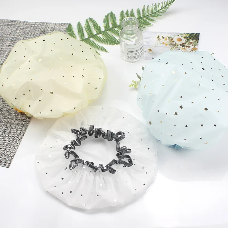 Waterproof Bath Hat Double Layer Shower Cap With Elastic Band Star Pattern Hats Bathroom Hair Salon Supplies |