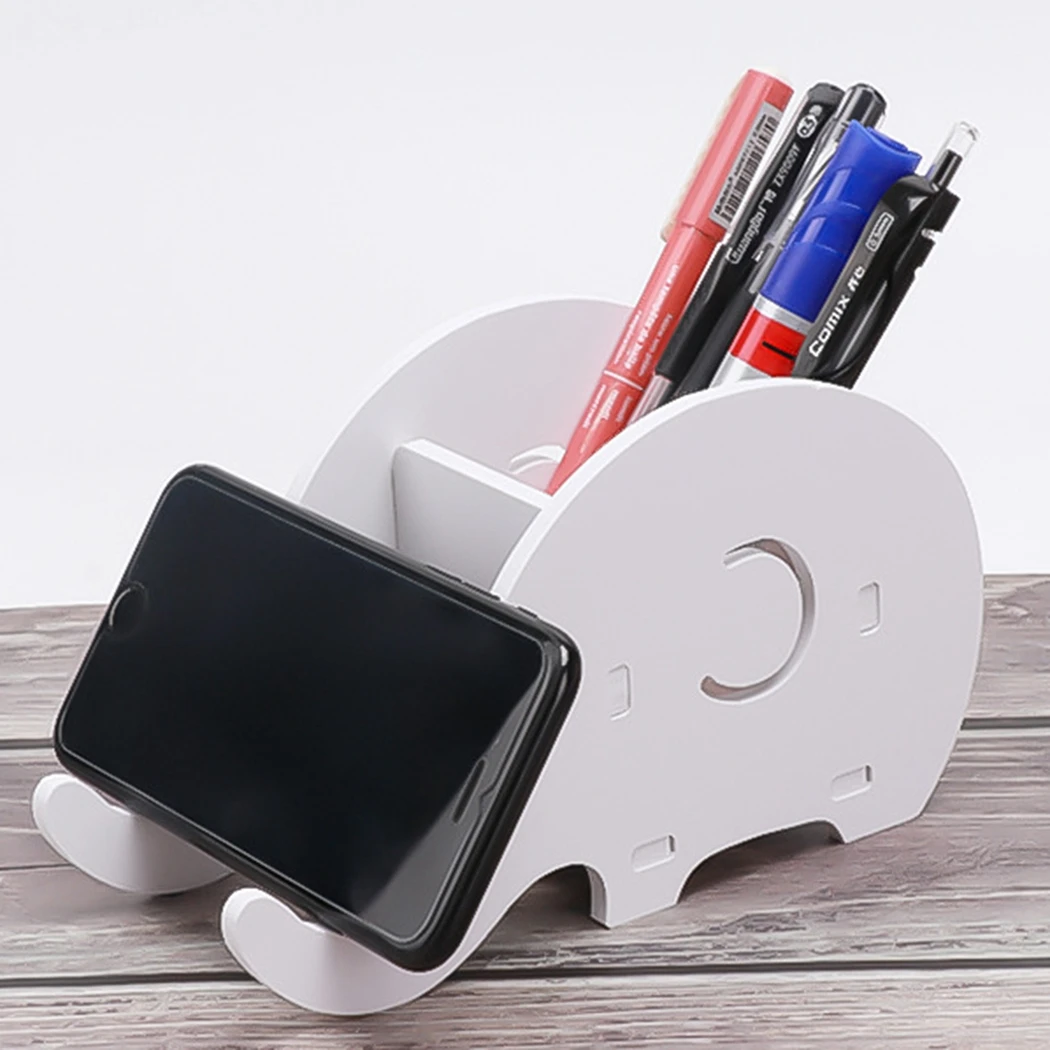 

1pc White Pen Holder Creative Elephant Shape Wooden Desktop Stationery Organizer Phone Holder Large Capacity Desk Pen Holder