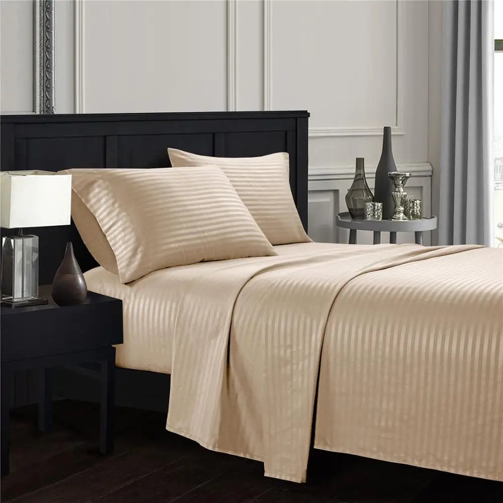 

Beige Plain satin striped Bedding Sheet Set Bed Linens Flat Sheet+Fitted Sheet+Pillowcase Twin/Full/Queen/ King Soft Comfortable