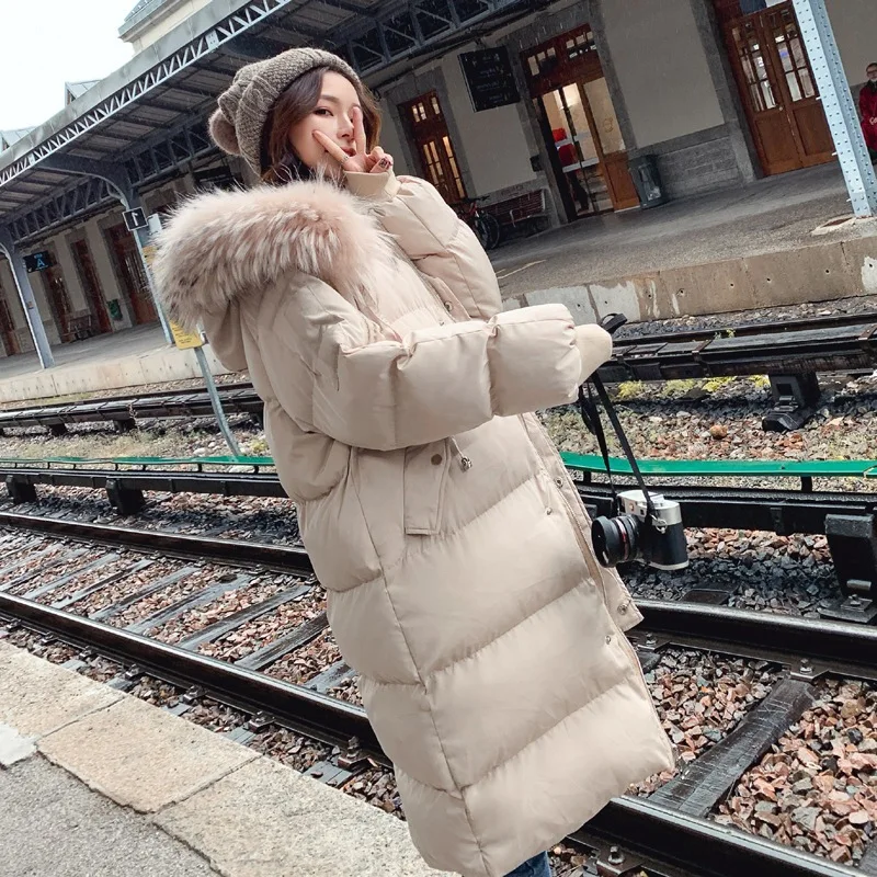 

Photo Shoot Main Push CHIC Elegant Beige Apricot Super Thick Mid-length Hooded Model Large Fur Collar Bread Cotton Coat Women's