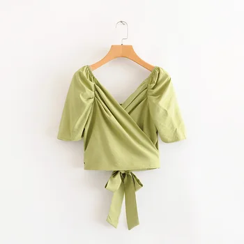

Vintage Classical Puff sleeve Green V-neck ropa mujer t shirt women ropa de mujer roupas feminina summer clothes women