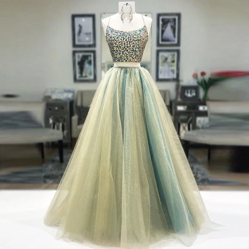 Two Piece Prom Dresses Crystals Scoop Spaghetti Strap A-Line Beaded with Rhinestones Real Green Evening Dress Party Gowns 2020 long prom dresses