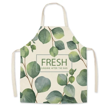 

1Pcs green leaf Grease proof Kitchen Aprons for Women Cotton Linen Bibs Household Cleaning Pinafore Home Cooking Apron 75X65cm