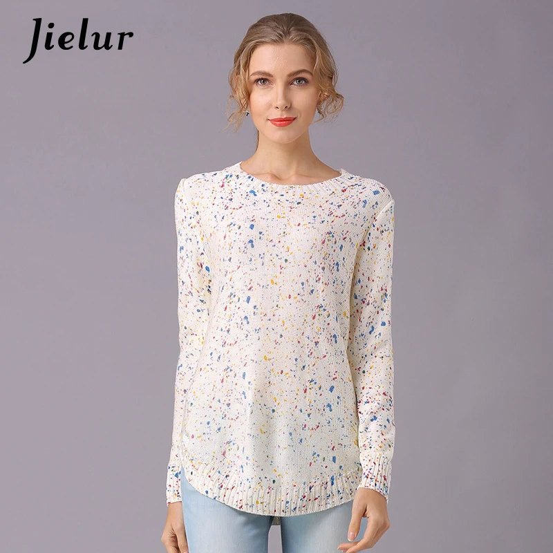 Jielur 2021 New Long-sleeved Printed Women's Sweater Casual Loose All-match Fashion Knitted Pullovers Europe Simple Female Tops | Женская