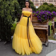 

Yellow Vintage Prom Dresses Black Belt Women Couture Formal Evening Party Gowns Tassel Floor Length Vestido de Festa