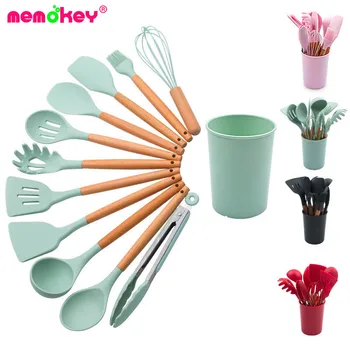 

Silicone Wooden Handle Cooking Tools Set Heat Resistant Kitchen Non-Stick Cooking Utensils Baking Tools With Storage Box Tools