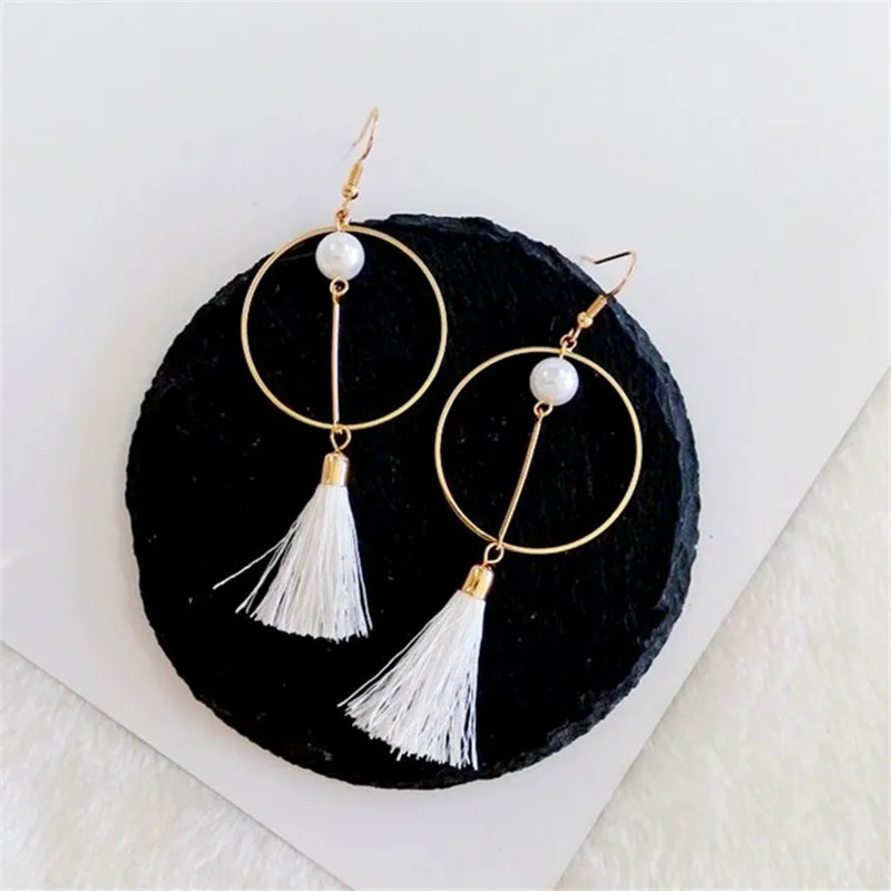 

Circular tassels pearl eardrop earrings female Retro dangele earrings Popular long pendant pearl tassel earrings for women