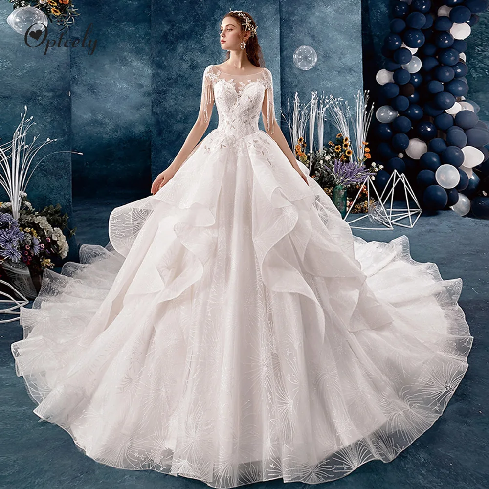 Optcely Fascinerende O-hals Baljurk Cap Mouw Retro Trouwjurken 2019 Kant Applicaties Kralen Lange Trein Gown Robe De Soiree Optcely Fascinerende O-hals Baljurk Cap Mouw Retro Trouwjurken 2019 Kant Applicaties Kralen Lange Trein Gown Robe De Soiree