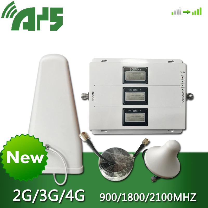 Online 900 de 1800, 2100 ganancia 70dB Tri banda de amplificador de señal móvil repetidor GSM DCS LTE WCDMA UMTS MHz con AGC ALC 2G 3G 4G amplificador