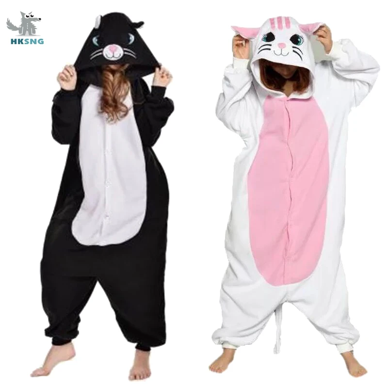 Women Jumpsuit Kigurumi Pajamas Onesies Cosplay Pajamas Onesies Flannel Pajamas Onesies HKSNG New Black White Cat Kigurumi Onesie Animal Winter Flannel Pajamas Cartoon Adult Halloween Party Costume