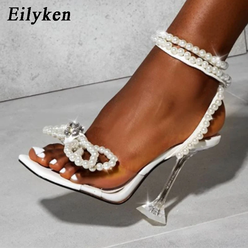 Women High Heels Sandals Summer Perspex Crystal Square Toe Pearls String Bowknot Party Wedding